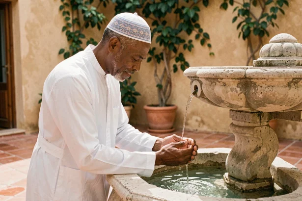 Homme en djellaba blanche effectuant les ablutions dans une cour méditerranéenne à Béziers