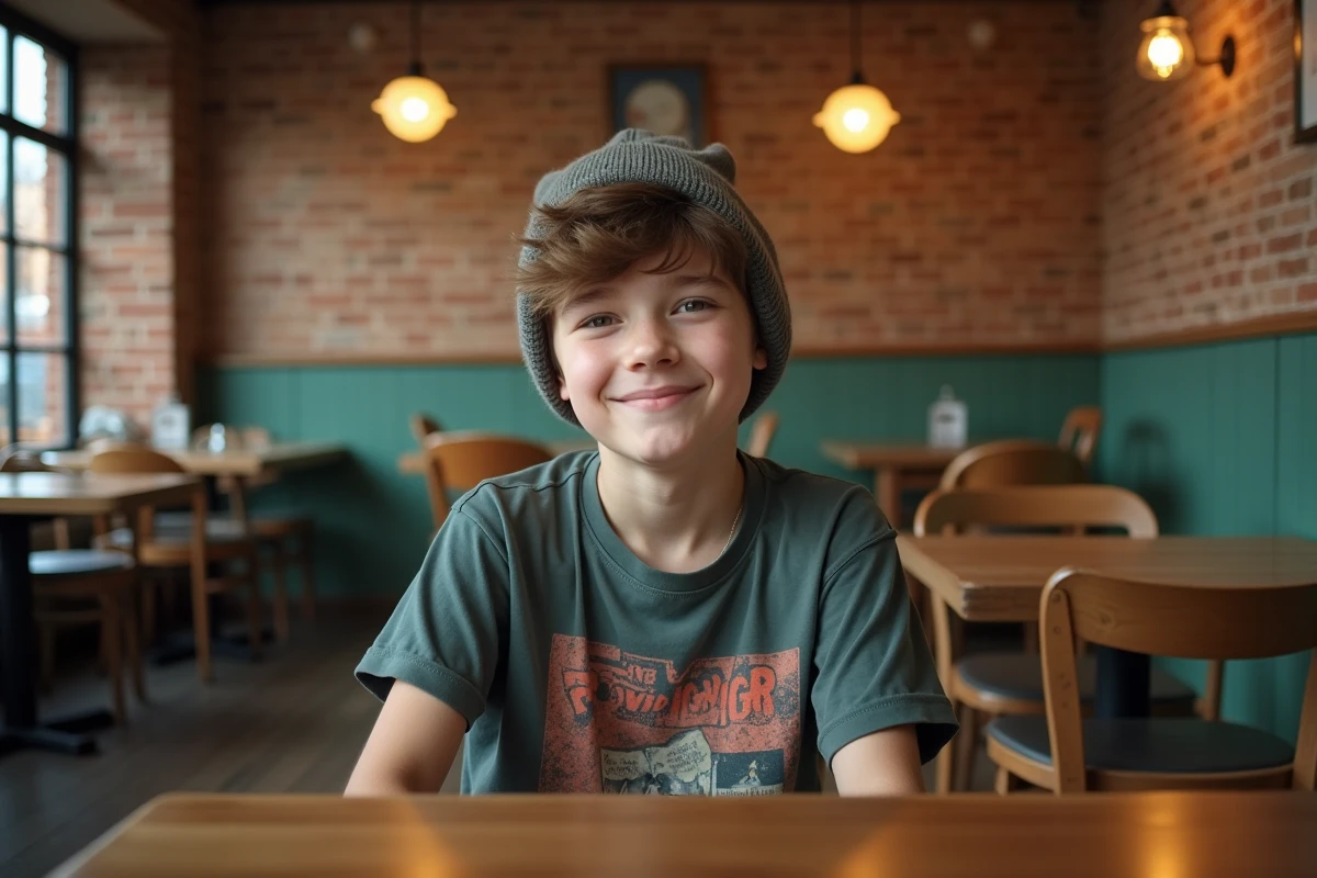 Adolescent en tee-shirt vintage dans un café, regard direct vers l'objectif illustrant le langage des jeunes en 2026