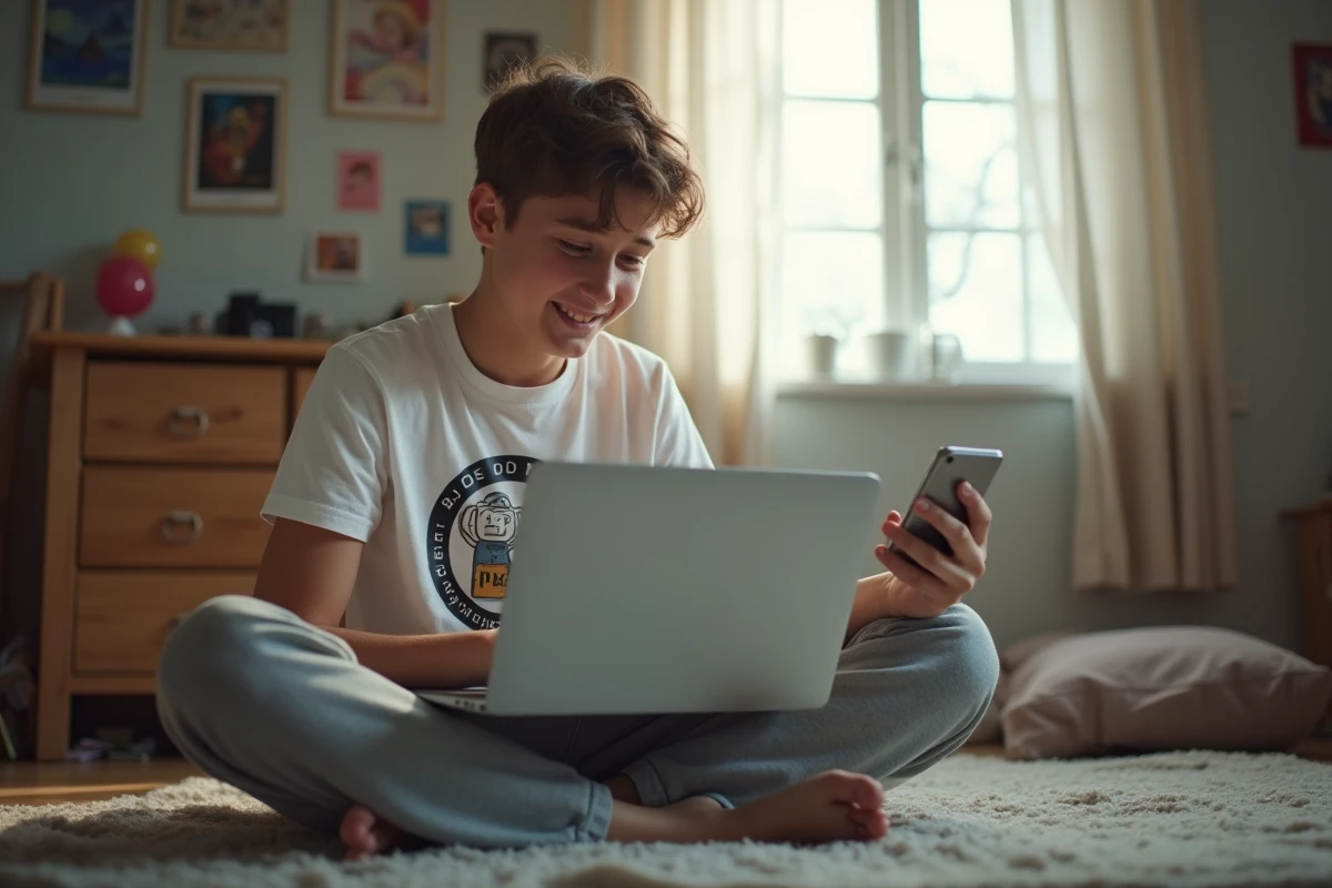 Adolescent hilare dans sa chambre découvrant un mot inventé devenu viral sur internet via son téléphone et son ordinateur
