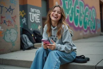 Adolescente hilare tenant son smartphone devant un lycée urbain, illustrant le langage des ados en 2026