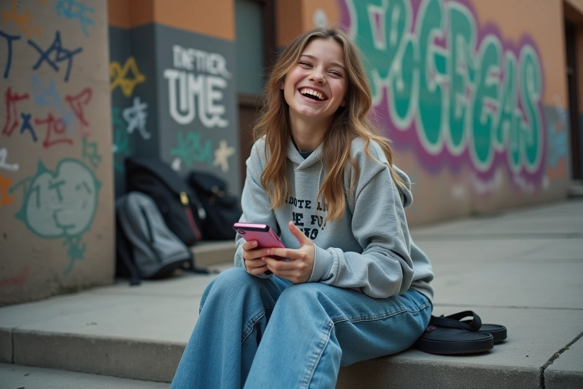Adolescente hilare tenant son smartphone devant un lycée urbain, illustrant le langage des ados en 2026