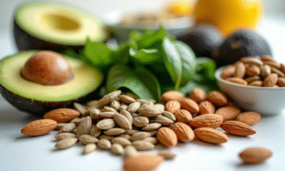 Sélection d'aliments riches en vitamine E sur une table blanche