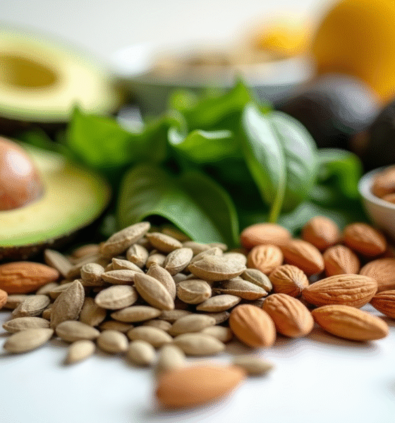Sélection d'aliments riches en vitamine E sur une table blanche