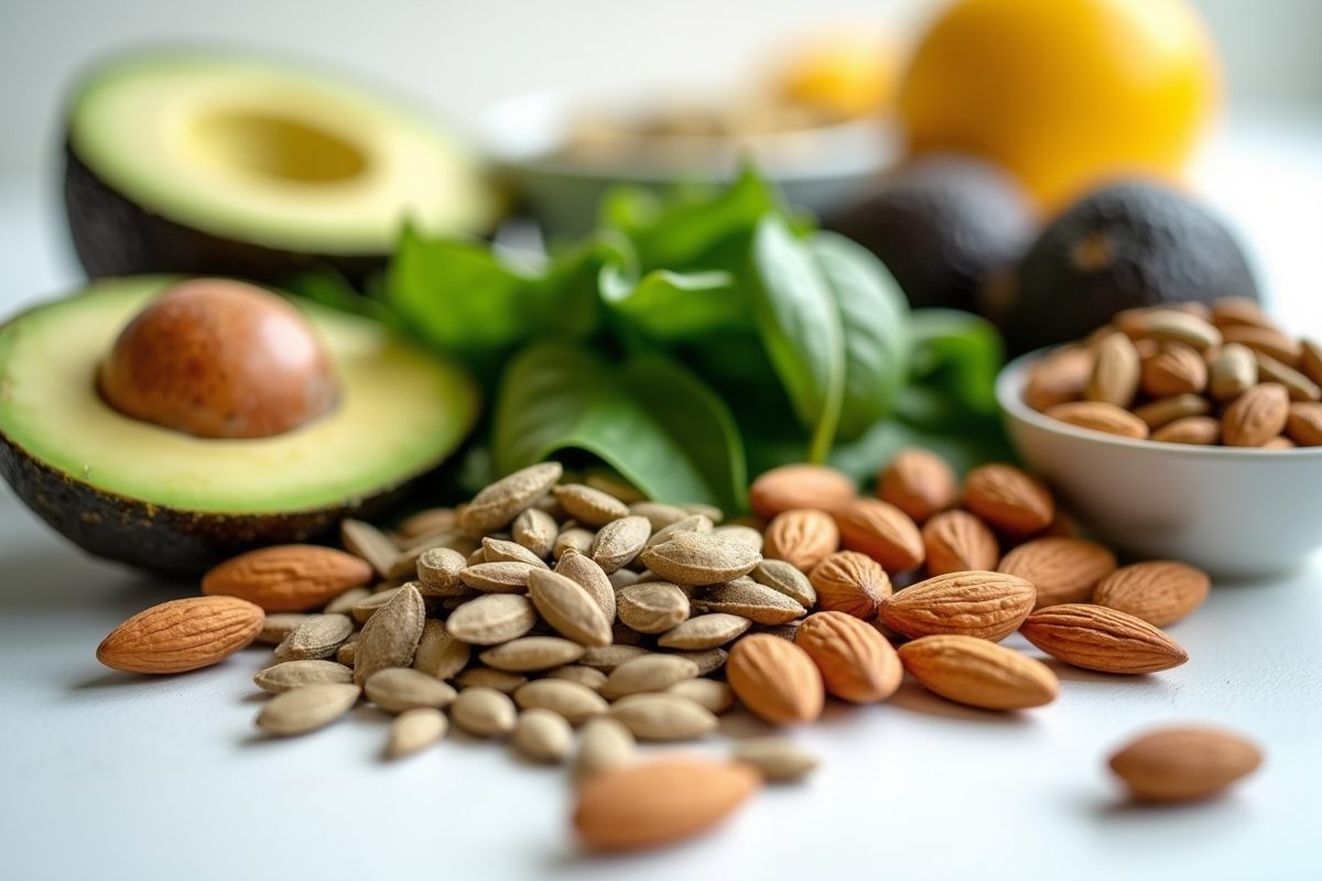 Sélection d'aliments riches en vitamine E sur une table blanche