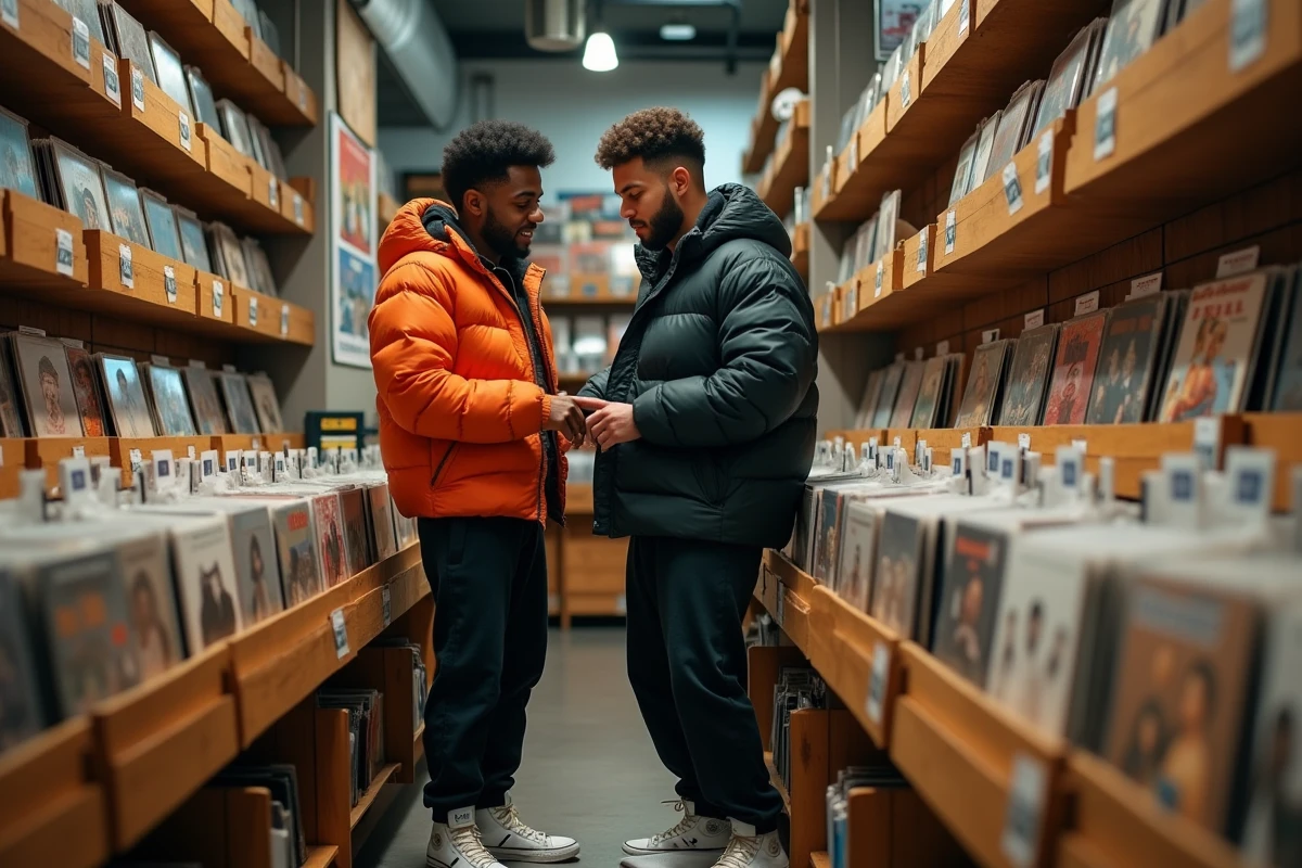 Deux amateurs de rap américain dans un magasin de vinyles discutant de disques hip-hop, ambiance culture musicale urbaine