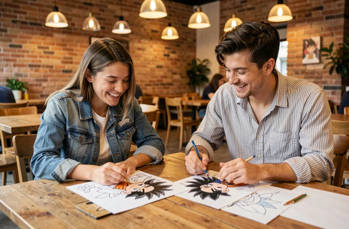 Deux amis adultes coloriant ensemble des dessins chibi kawaii Dragon Ball Z dans un café