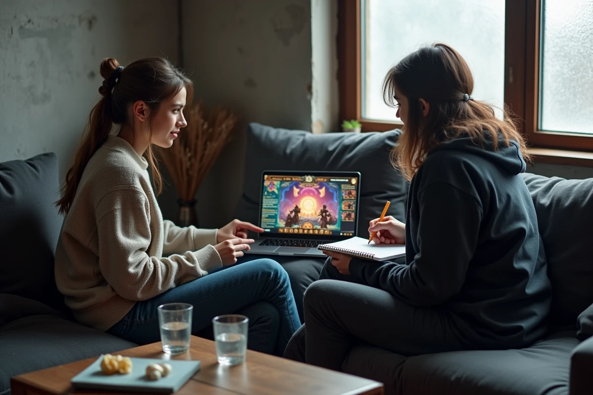 Deux amis jouant à Dofus ensemble et planifiant leur itinéraire dans le Royaume d'Encre sur un ordinateur portable