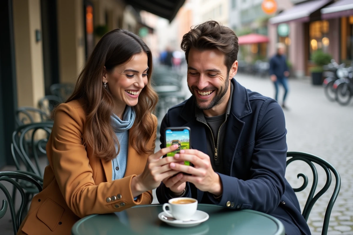 Deux amis consultant des astuces Hay Day sur smartphone en terrasse de café, stratégie bateaux et camions