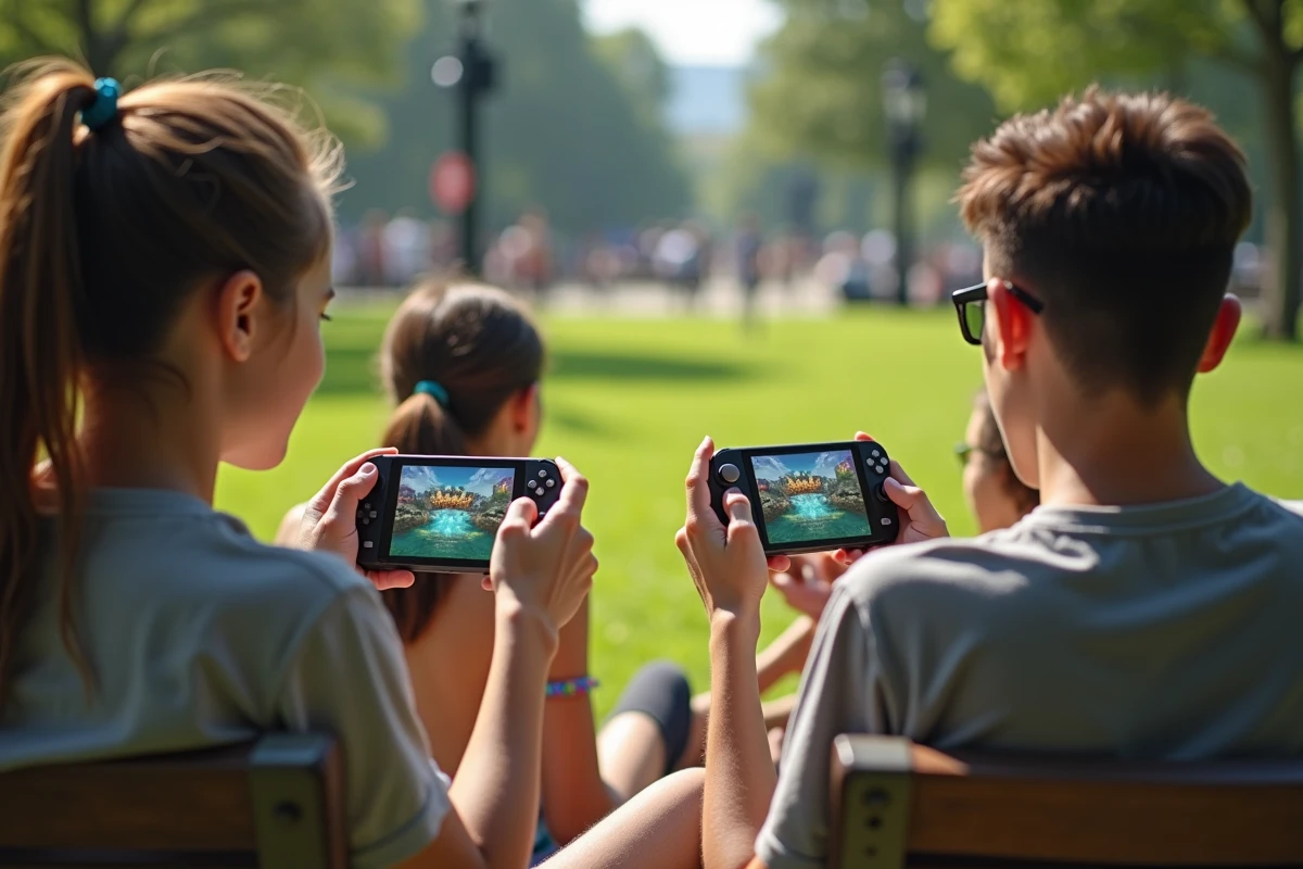 Groupe d amis jouant avec consoles dans un parc en plein air