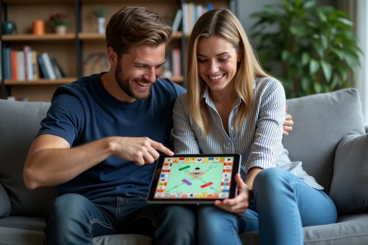 Deux amis consultant des liens de dés gratuits Monopoly Go sur une tablette dans un salon moderne