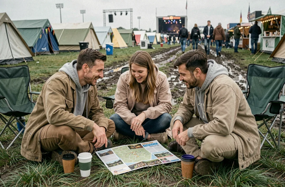 Groupe d'amis consultant le programme du festival des Vieilles Charrues assis dans l'herbe du camping