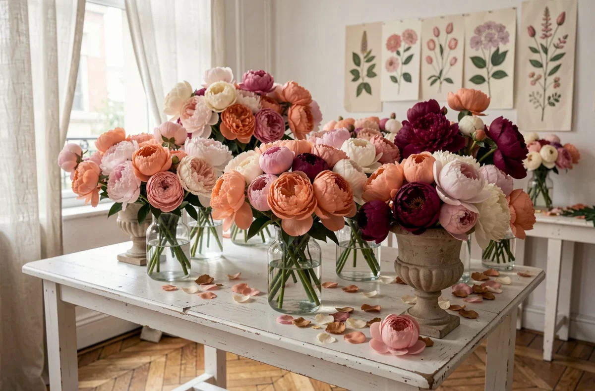 Abondantes compositions de pivoines en rose, corail et magenta dans des vases en verre et céramique ancienne, style Arbre à Pivoines Paris