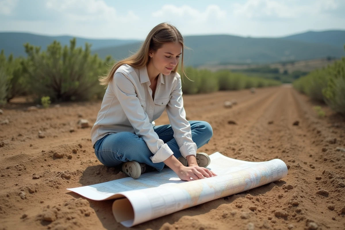 Jeune architecte paysagiste déployant une carte dans le paysage