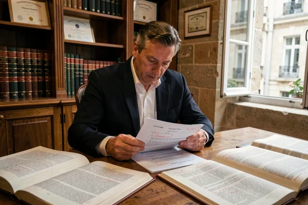 Avocat français consultant l'article 1112-1 du Code civil dans un bureau juridique parisien traditionnel
