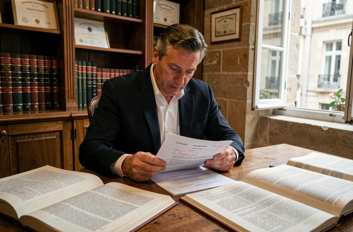 Avocat français consultant l'article 1112-1 du Code civil dans un bureau juridique parisien traditionnel