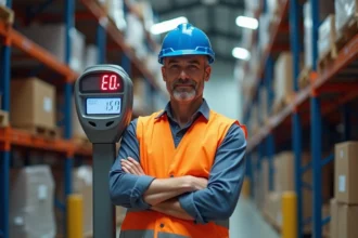Ouvrier logistique pesant des marchandises sur une balance industrielle en kilogrammes dans un entrepôt moderne