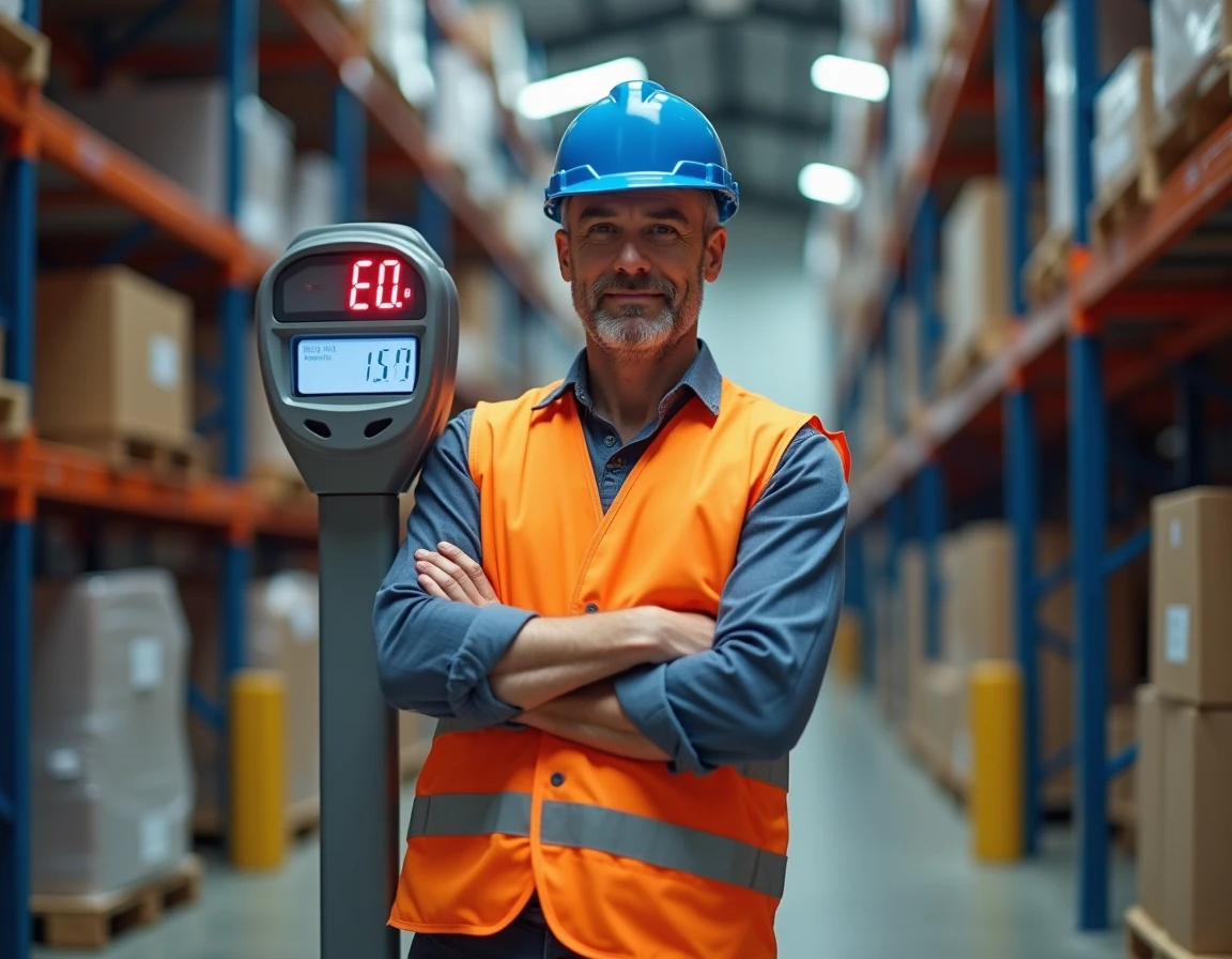 Ouvrier logistique pesant des marchandises sur une balance industrielle en kilogrammes dans un entrepôt moderne