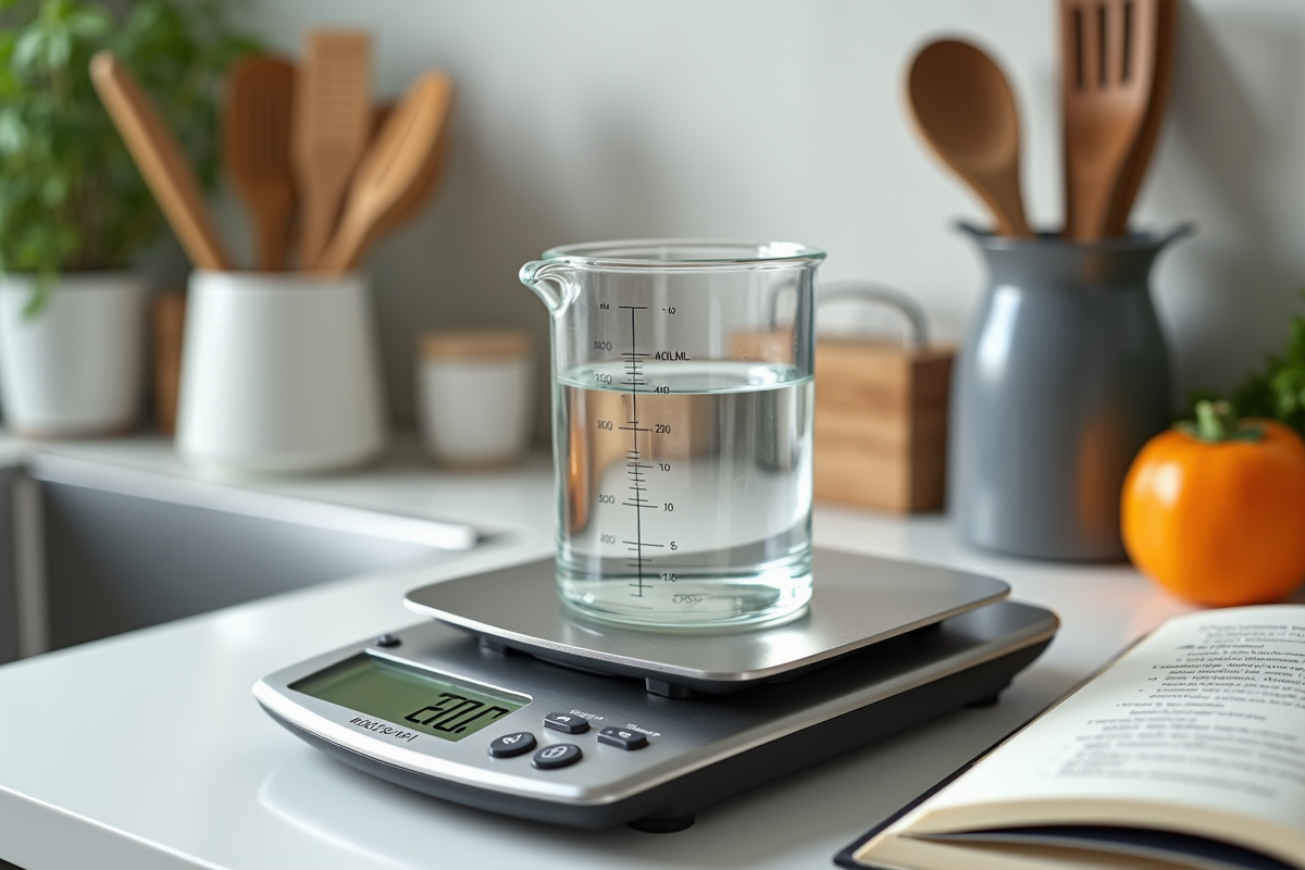 Balance de cuisine avec un bécher de 200 ml et tableau de conversion