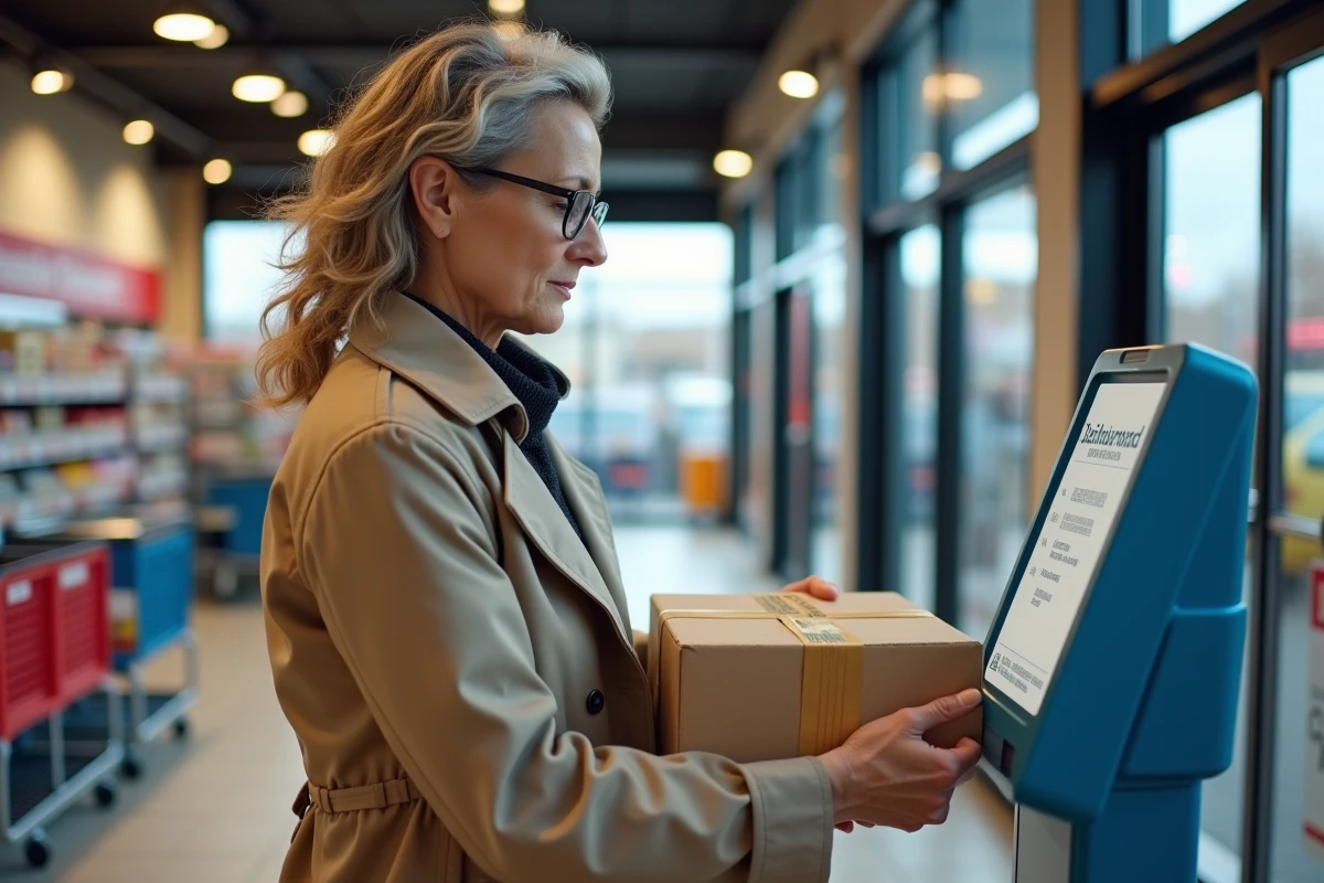 Femme devant une borne de dépôt de colis en supermarché avec une étiquette Vinted floue ou mal collée