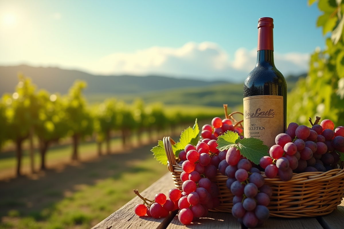 Bouteille de vin sans sulfites avec raisins dans un vignoble ensoleille