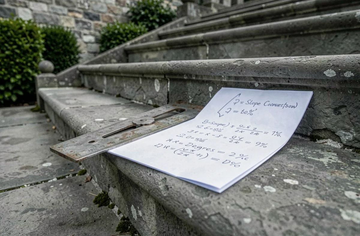 Calcul de pente d'escalier en pierre avec un rapporteur et des notes manuscrites indiquant la conversion degrés et pourcentage