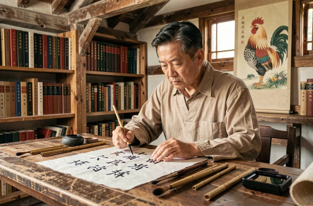 Calligraphe chinois écrivant des caractères sur le zodiaque et la compatibilité des signes astrologiques chinois