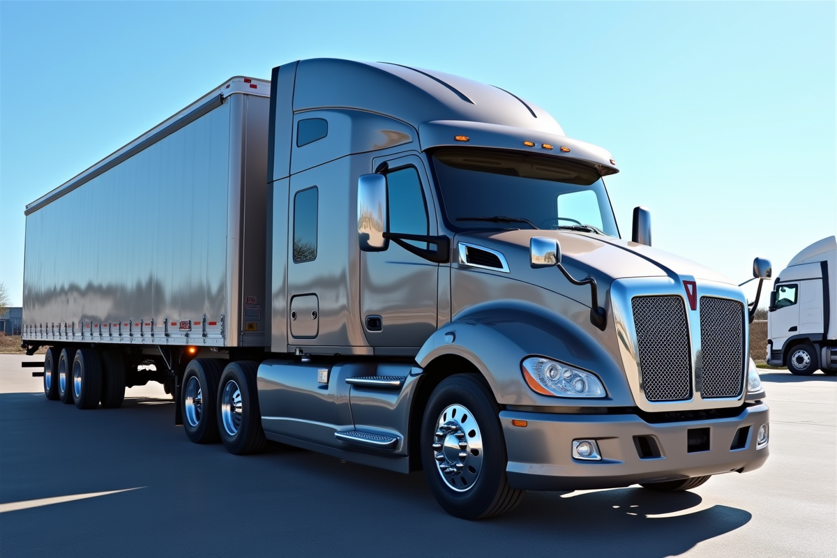 Camion semitrailer d'occasion stationne en concession sous un ciel bleu