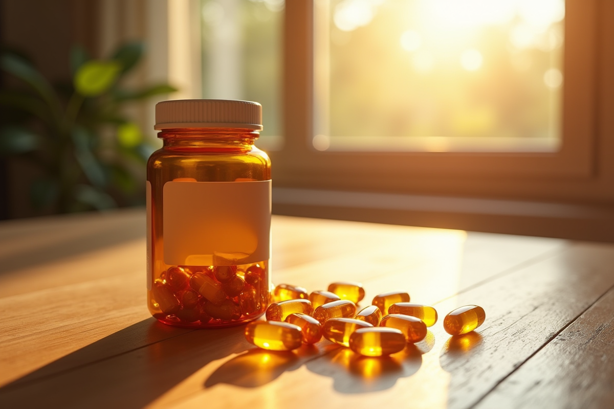 Capsules de vitamine E renversées sur une surface en bois avec lumière naturelle