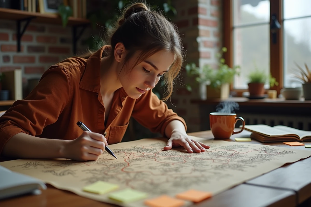 Jeune femme annotant une carte de progression du Royaume d'Encre Dofus sur une table couverte de guides et de notes