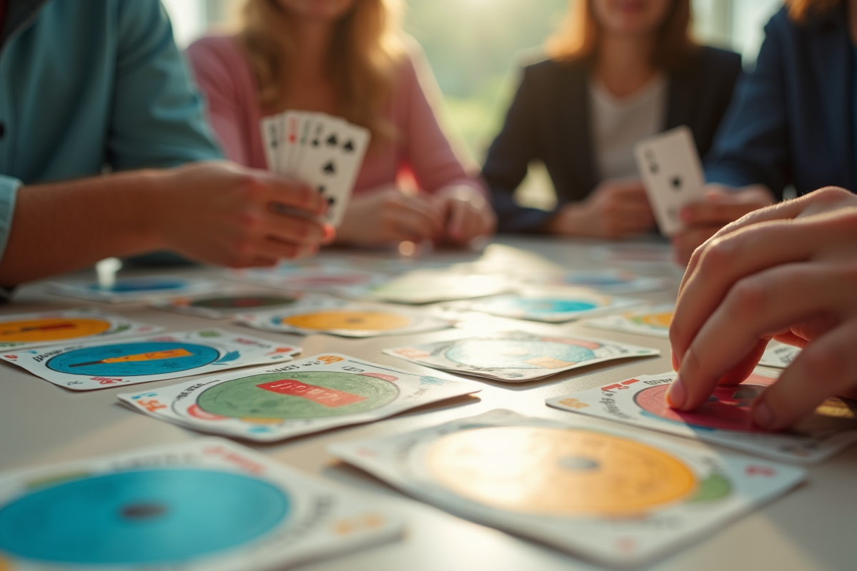 Mains jouant à Mille Bornes avec cartes colorées sur la table lumineuse