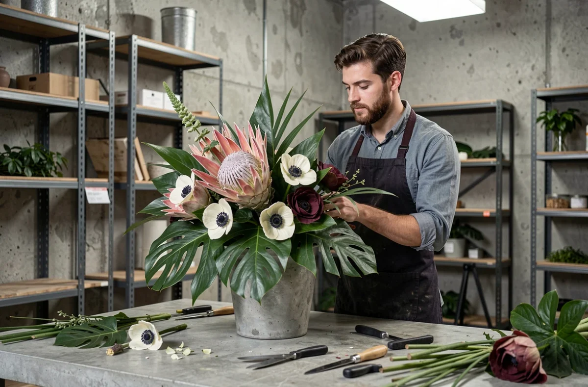 Fleuriste masculin barbu en tablier noir arrangeant un bouquet graphique de proteas et d'anémones dans un atelier béton, style Castor Fleuriste