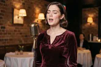 Chanteuse de jazz britannique en robe bordeaux velours au microphone vintage dans un club londonien intime