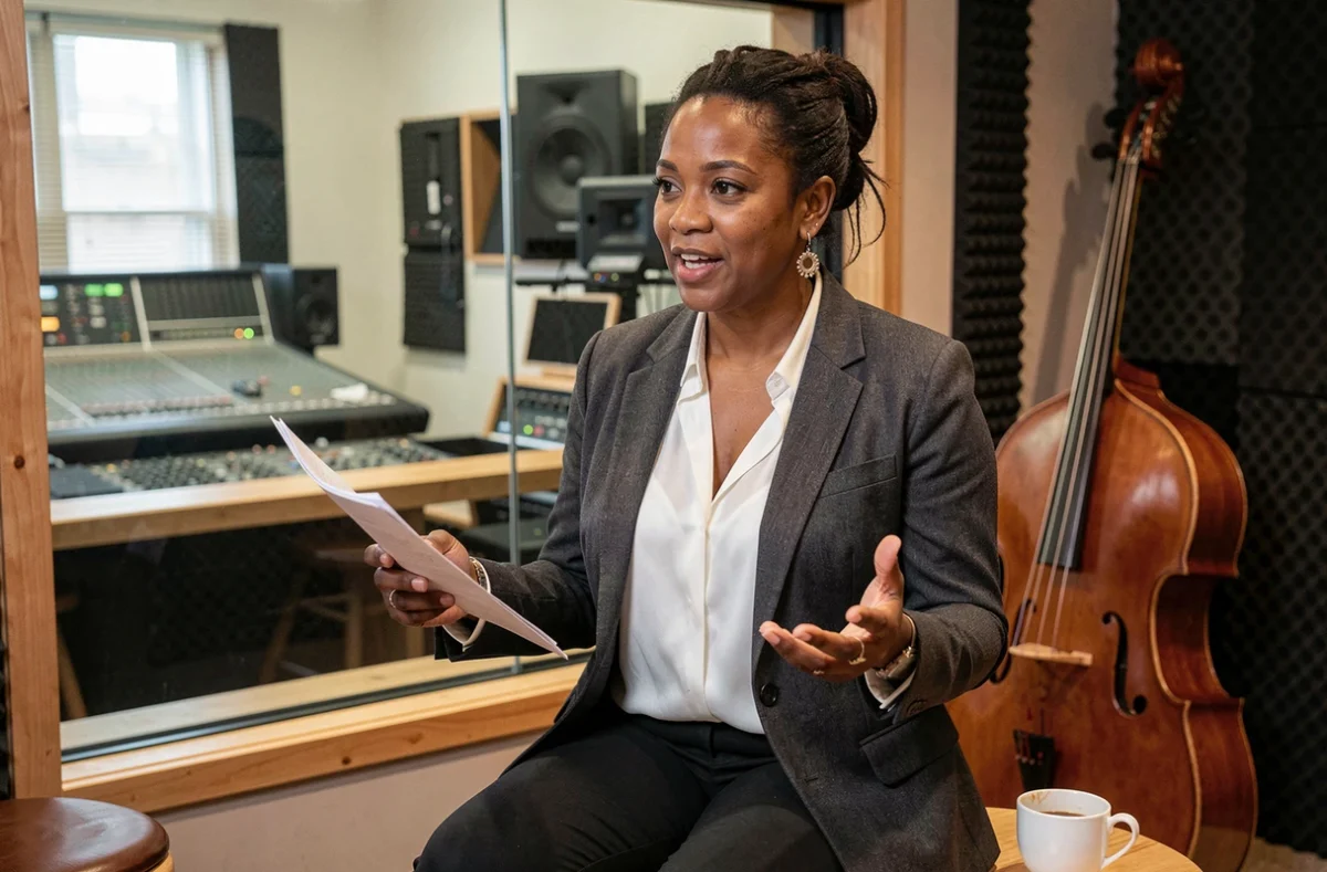 Chanteuse soul britannique en studio d'enregistrement professionnel tenant des partitions musicales
