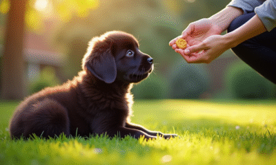 Chiot Newfoundland assis dans un jardin ensoleille avec un adulte