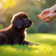 Chiot Newfoundland assis dans un jardin ensoleille avec un adulte