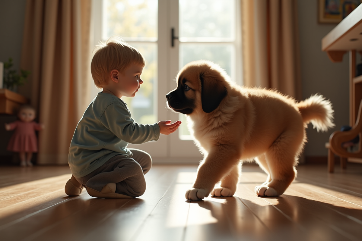 Jeune chiot Newfoundland avec un enfant en intérieur pour l
