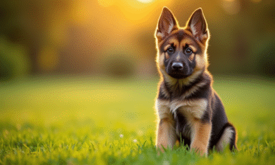 Chiot berger allemand assis dans l'herbe verte en plein air
