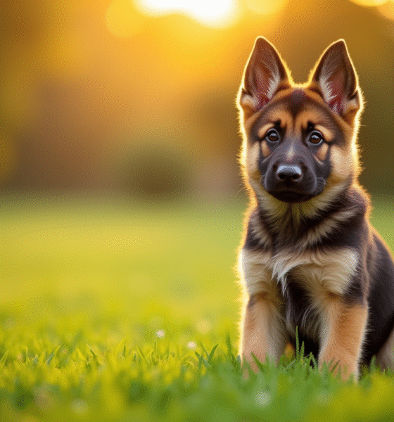 Chiot berger allemand assis dans l'herbe verte en plein air
