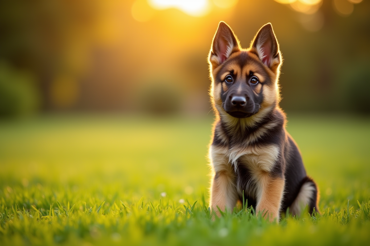Chiot berger allemand assis dans l'herbe verte en plein air