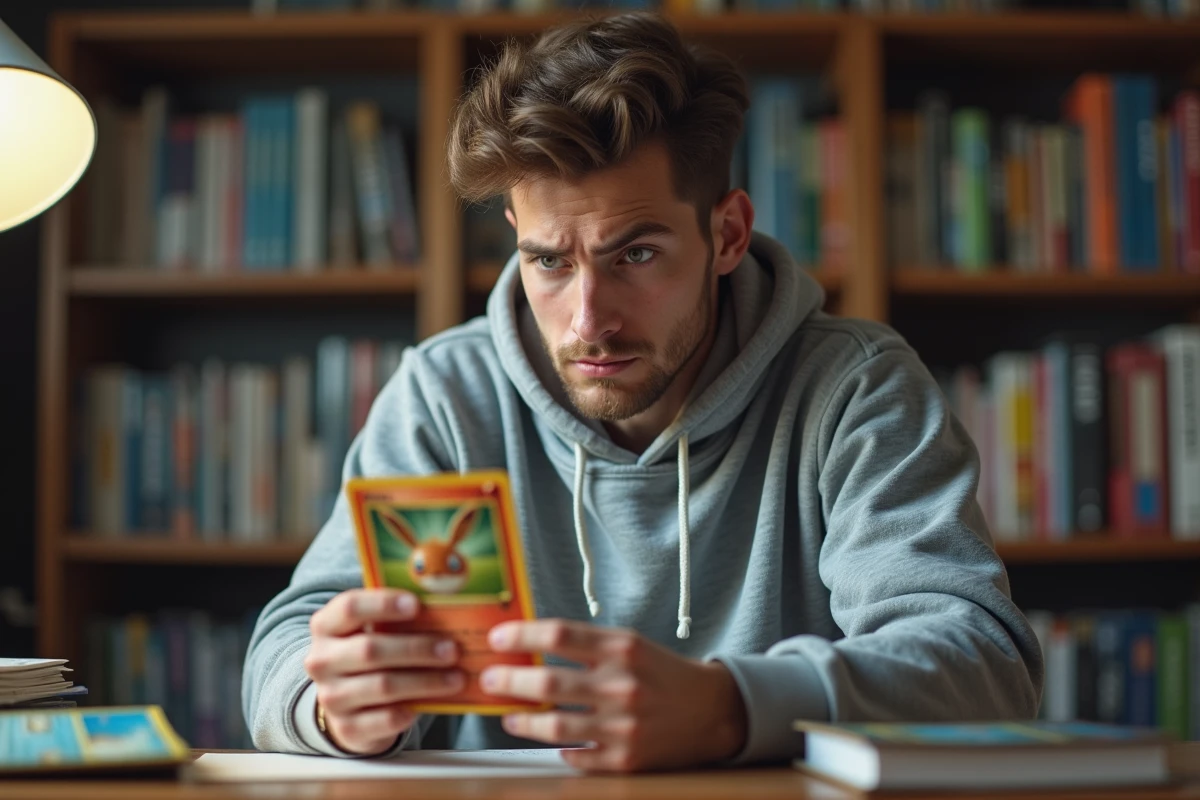 Collectionneur de cartes Pokémon examinant une carte de près avec une expression dubitative, assis à un bureau encombré d'accessoires de collection