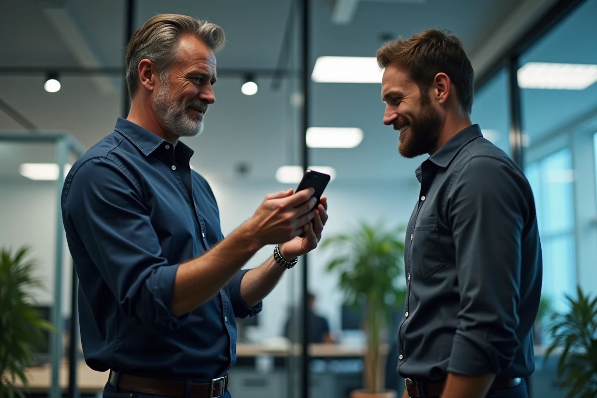 Deux collègues de bureau intrigués par un mot viral inventé affiché sur un smartphone en open space