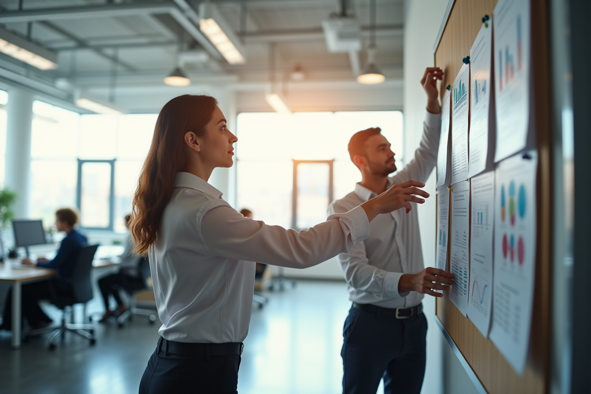 Collègues affichant des graphiques dans un bureau lumineux