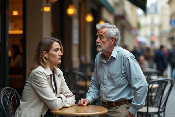 Homme goujat regardant une femme avec dédain dans un café parisien, illustrant un comportement irrespectueux en public