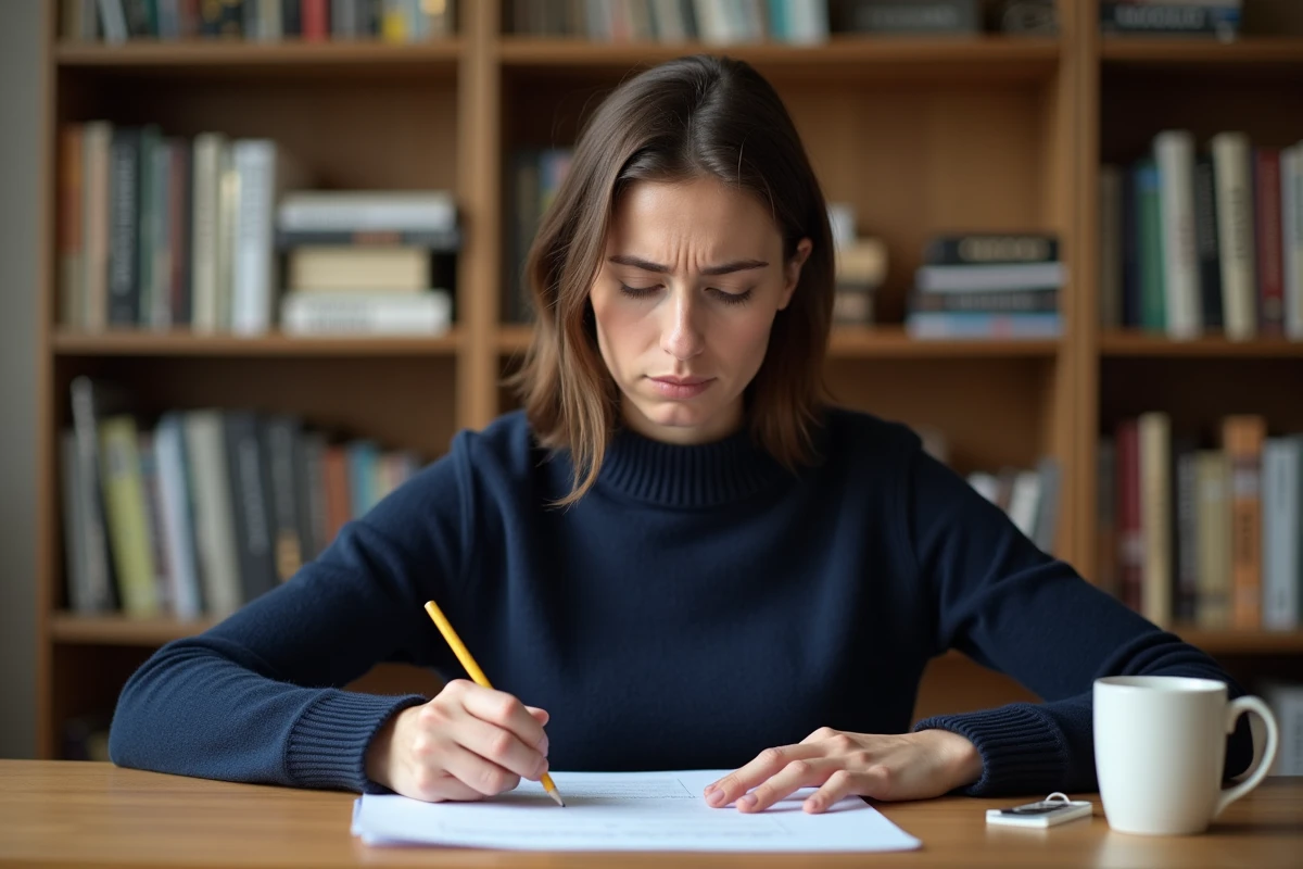 Femme corrigeant une faute de conjugaison sur un document imprimé à son bureau à domicile