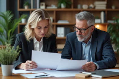 Un couple d'adultes en réunion de travail dans un bureau moderne