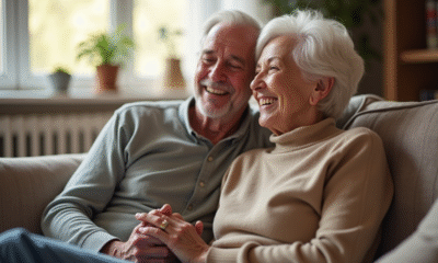 Couple âgé souriant dans un salon chaleureux