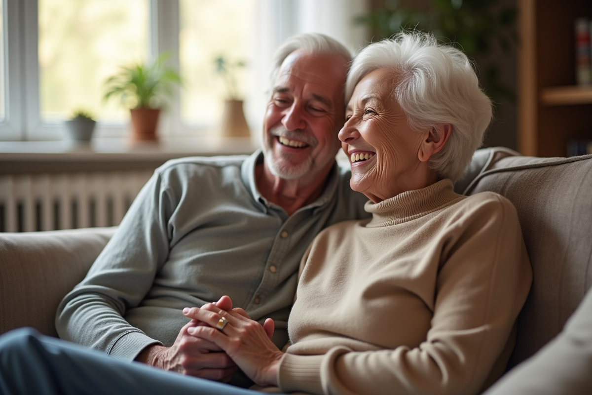 Couple âgé souriant dans un salon chaleureux