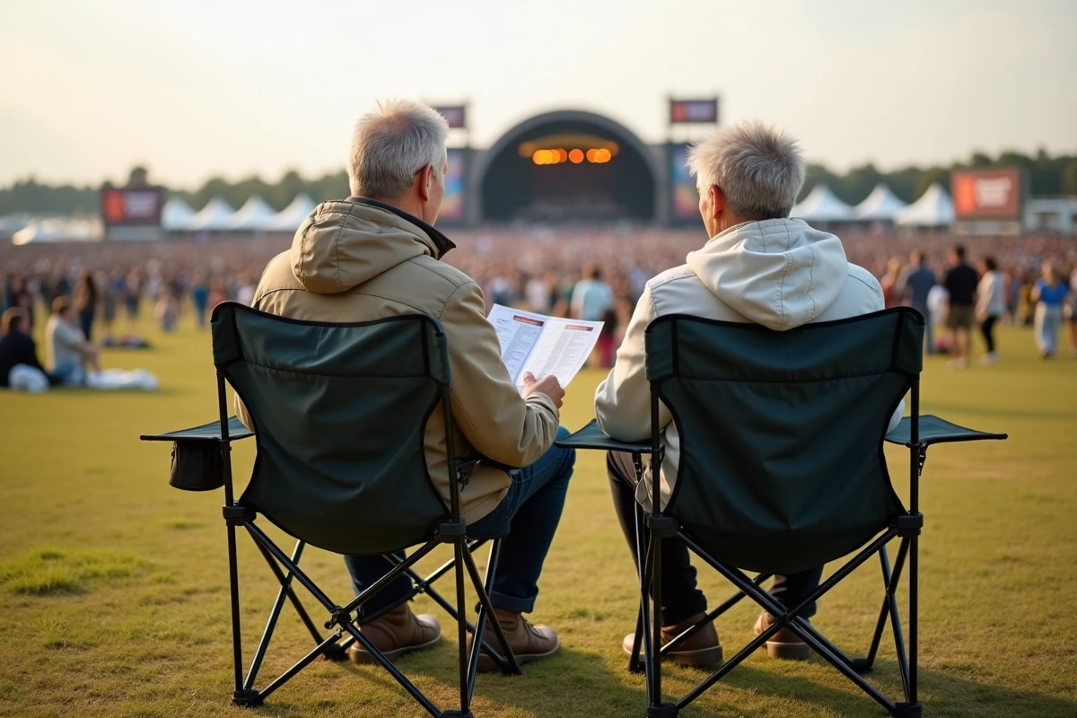 Couple assis sur lherbe au festival avec brochure