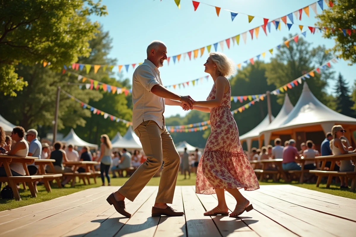 Couple dansant le madison en plein air lors d'un festival estival sur une piste de danse en bois