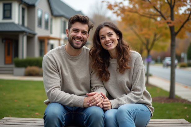 Jeune couple souriant devant maison moderne en banlieue